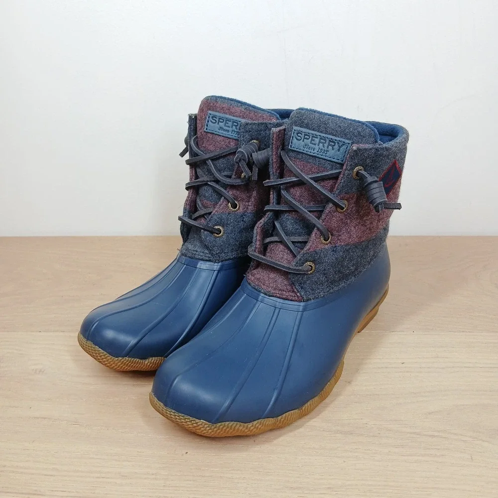 Sperry Saltwater Duck Boots Womens 7 Navy Blue Grey Burgundy Striped Wool Chore